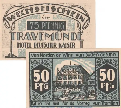 Notgeld Hotel dt. Kaiser Travemünde 1336.1.a , Set mit 2 Scheinen in kfr. o.D. Schleswig Holstein Seriennotgeld