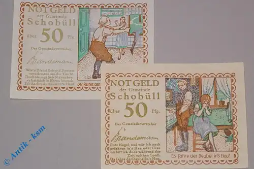 Notgeld Schobüll , Satz mit 2 Scheinen , Wz 9,5 mm , Mehl Grabowski 1194.6 , Schleswig Holstein Seriennotgeld