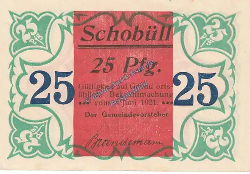 Schobüll , Notgeld 25 Pfennig Schein in kfr. M-G 1194.9 , Schleswig Holstein 1921 Seriennotgeld