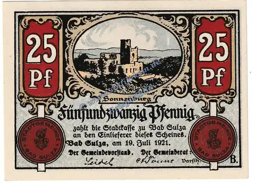 Bad Sulza , Notgeld 25 Pfennig -B- o.Gült. in kfr. M-G 1304.1.b , Thüringen 1921 Seriennotgeld