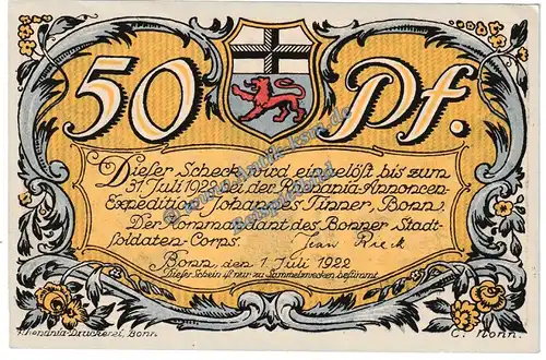 Bonn , Notgeld 50 Pfennig Schein Nr.3 in kfr. M-G 141.1 , Rheinland 1922 Seriennotgeld