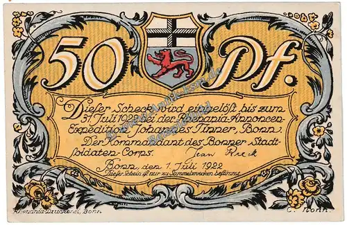 Bonn , Notgeld 50 Pfennig Schein Nr.2 in kfr. M-G 141.1 , Rheinland 1922 Seriennotgeld