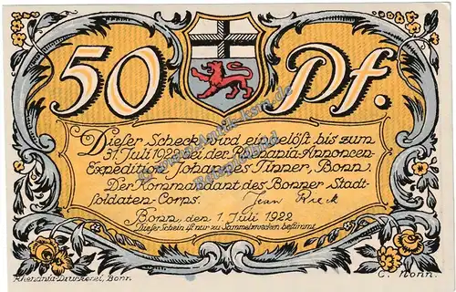 Bonn , Notgeld 50 Pfennig Schein Nr.4 in kfr. M-G 141.1 , Rheinland 1922 Seriennotgeld