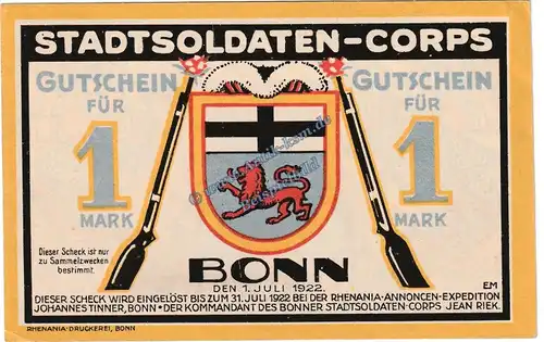 Bonn , Notgeld 1 Mark Schein in kfr. M-G 141.1 , Rheinland 1922 Seriennotgeld