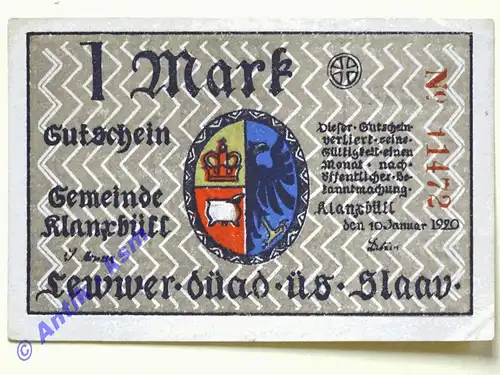 Notgeld Klanxbüll , Einzelschein über 1 Mark , Mehl Grabowski 704.2 , von 1920 , Seriennotgeld Schleswig Holstein