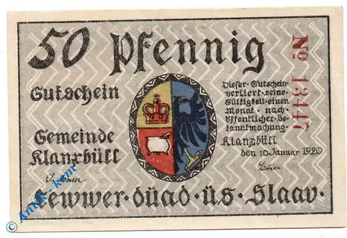 Notgeld Klanxbüll , 50 Pfennig Schein , Wasserzeichen , Mehl Grabowski 704.2 , von 1920 , Schleswig Holstein Seriennotgeld