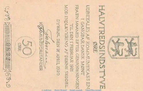 Notgeld Gemeinde Düppel 298.1-3 , 50 Öre Schein in kfr. von 1920 , Schleswig Holstein Seriennotgeld