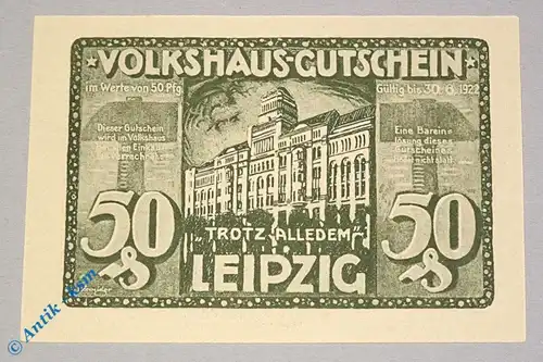 Notgeld Leipzig , Volkshaus , 50 Pfennig Schein Nr 3 , grün grau , Mehl Grabowski 786.4 , Sachsen Seriennotgeld