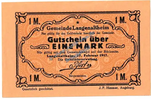 Langenaltheim , Notgeld 1 Mark Schein in kfr. M-G 766.4.a , Bayern 1917 Seriennotgeld