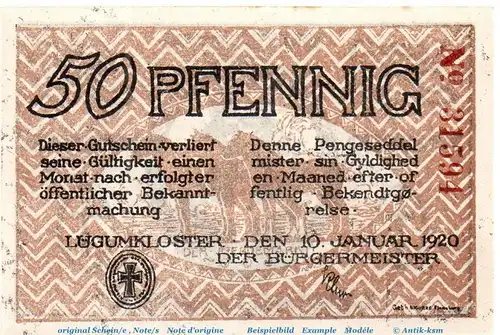 Notgeld Bürgermeister Lügumkloster 839.2.b , 50 Pfennig Schein in kfr. von 1920 , Schleswig Holstein Seriennotgeld