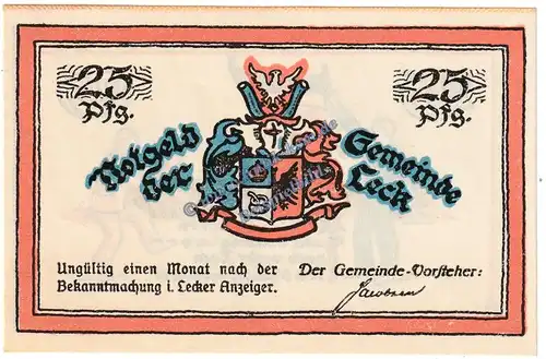 Leck , Notgeld 25 Pfennig Schein in kfr. M-G 780.1 , Schleswig Holstein o.D. Seriennotgeld