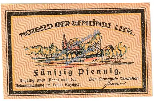 Leck , Notgeld 50 Pfennig Schein in kfr. M-G 780.1 , Schleswig Holstein o.D. Seriennotgeld