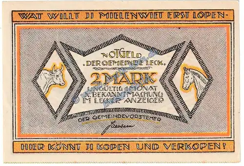 Leck , Notgeld 2 Mark Schein in kfr. M-G 780.1 , Schleswig Holstein o.D. Seriennotgeld