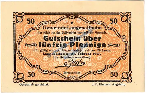 Langenaltheim , Notgeld 50 Pfennig Schein in kfr. M-G 766.4.a , Bayern 1917 Seriennotgeld