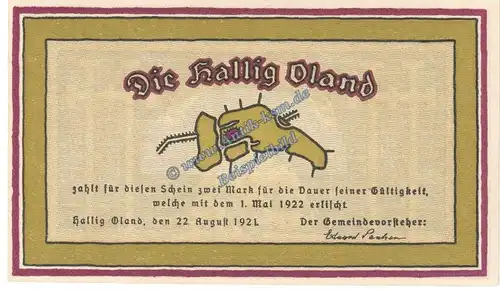 Oland Hallig , Notgeld 2 Mark Schein -violett- in kfr. M-G 1013.2 , Schleswig Holstein 1921 Seriennotgeld