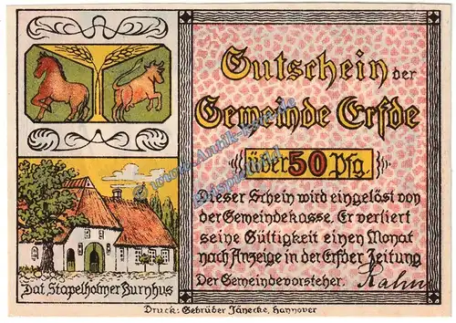 Erfde , Notgeld 50 Pfennig Schein in kfr. M-G 340.1 , Schleswig Holstein o.D. Seriennotgeld
