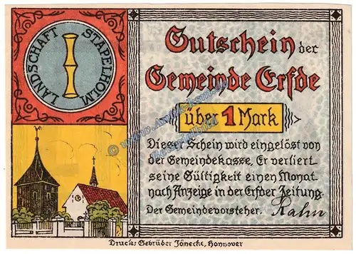 Erfde , Notgeld 1 Mark Schein in kfr. M-G 340.1 , Schleswig Holstein o.D. Seriennotgeld