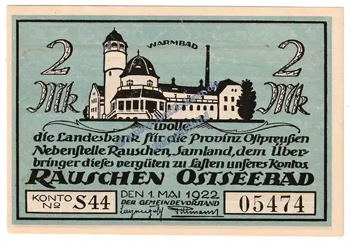 Rauschen Svetlogorsk , Notgeld 2 Mark Schein in kfr. M-G 1102.1 , Ostpreussen 1922 Seriennotgeld