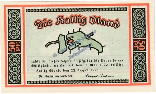 Oland Hallig , Notgeld 50 Pfennig Schein -orange- in kfr. M-G 1013.1 , Schleswig Holstein 1921 Seriennotgeld