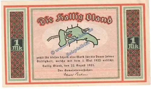 Oland Hallig , Notgeld 1 Mark Schein -orange- in kfr. M-G 1013.1 , Schleswig Holstein 1921 Seriennotgeld
