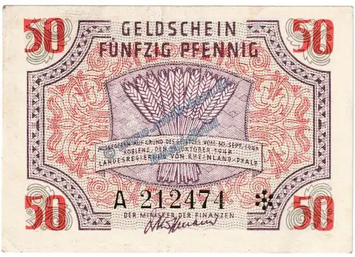 Banknote , 50 Pfennig Schein in kfr. FBZ-6, Ros.213, S.1006 , Rheinland Pfalz , Französische Besatzungszone 1947 -Z