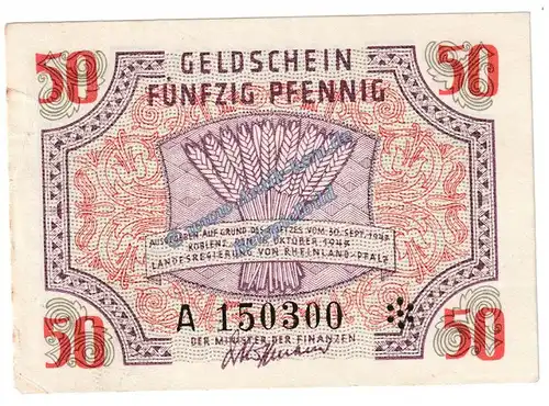 Banknote , 50 Pfennig Schein in kfr. FBZ-6, Ros.213, S.1006 , Rheinland Pfalz , Französische Besatzungszone 1947 -Y