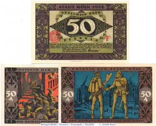 Köln , Notgeld Set mit 3 Scheinen in kfr. Mehl Grabowski 717.3-4 , Westfalen  1922 Seriennotgeld