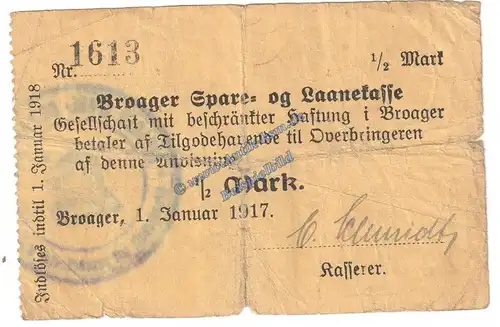 Broacker , Notgeld 1 halbe Mark Scheine in gbr. Tieste 0945.10.01 , Schleswig 1917 Verkehrsausgabe