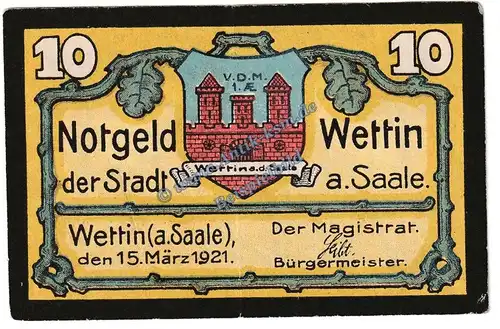 Wettin , Notgeld 10 Pfennig Schein in gbr. M-G 1421.2 , Sachsen Anhalt 1921 Seriennotgeld
