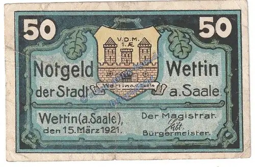 Wettin , Notgeld 50 Pfennig Schein in gbr. M-G 1421.2 , Sachsen Anhalt 1921 Seriennotgeld