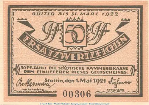 Notgeld Stadt Stettin 1270.1 , 50 Pfennig Schein Nr.1 in kfr. von 1921 , Pommern Seriennotgeld