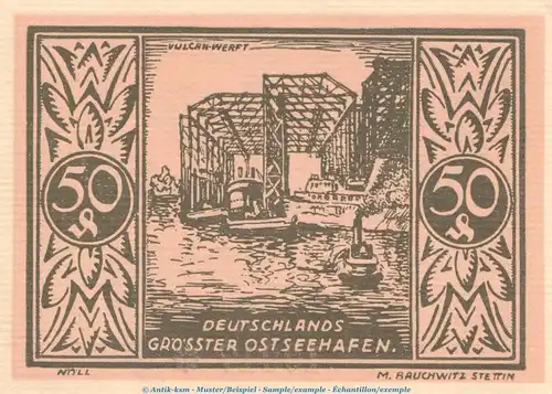 Notgeld Stadt Stettin 1270.1 , 50 Pfennig Schein Nr.1 in kfr. von 1921 , Pommern Seriennotgeld