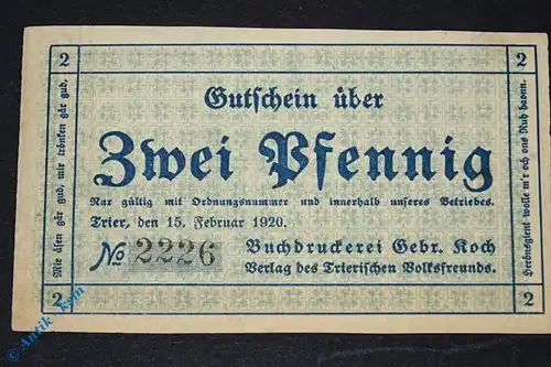 Notgeld Trier Gebrüder Koch , 2 Pfennig , Mehl Grabowski 1342.2 , Rheinland Pfalz Seriennotgeld