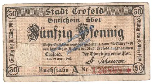 Crefeld , Notgeld 50 Pfennig Schein in gbr. Tieste 1220.05.01 , Rheinland 1917 Verkehrsausgabe