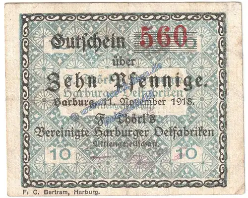 Harburg , Notgeld 10 Pfennig Schein in gbr. Tieste 2805.35.01 , Niedersachsen 1918 Verkehrsausgabe