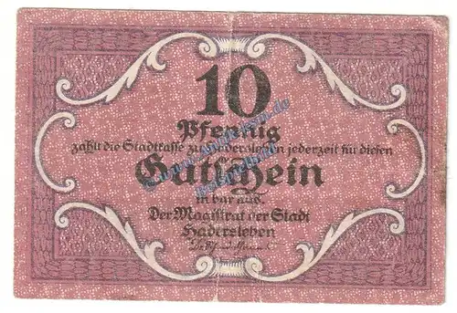 Hadersleben , Notgeld 10 Pfennig Schein in gbr. Tieste 2695.10.10 , Schleswig 1917 Verkehrsausgabe