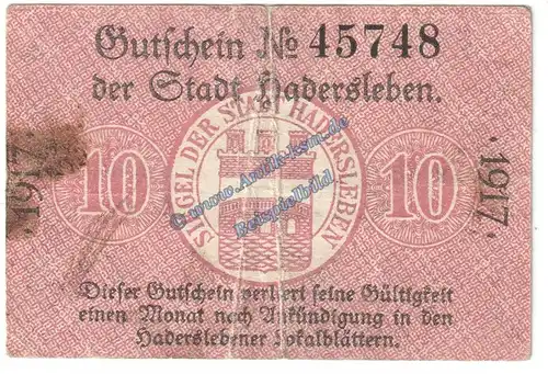 Hadersleben , Notgeld 10 Pfennig Schein in gbr. Tieste 2695.10.10 , Schleswig 1917 Verkehrsausgabe