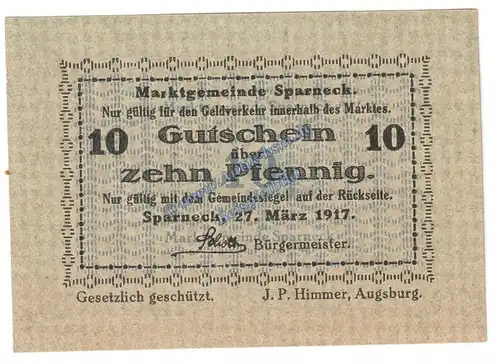 Sparneck , Notgeld 10 Pfennig Schein in kfr. Tieste 7005.05.05 , Bayern 1917 Verkehrsausgabe