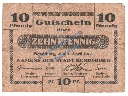 Rendsburg , Notgeld 10 Pfennig Schein in gbr. Tieste 6025.05.01 , Schleswig Holstein 1917 Verkehrsausgabe