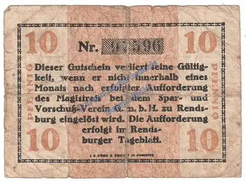 Rendsburg , Notgeld 10 Pfennig Schein in gbr. Tieste 6025.05.01 , Schleswig Holstein 1917 Verkehrsausgabe