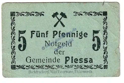 Plessa , Notgeld 5 Pfennig Schein in kfr. Tieste 5670.10.01 , Sachsen o.D. Verkehrsausgabe