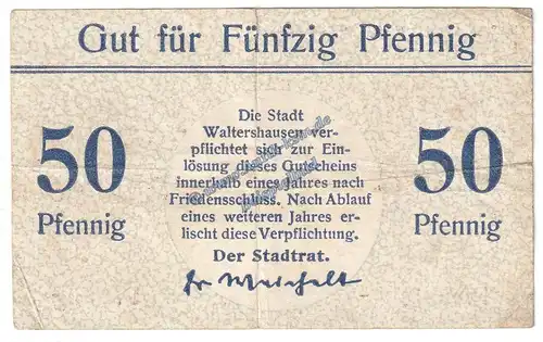 Waltershausen , Notgeld 50 Pfennig -blau- in gbr. Tieste 7685.110.05 , Thüringen o.D. Verkehrsausgabe