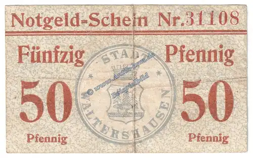 Waltershausen , Notgeld 50 Pfennig -blau- in gbr. Tieste 7685.110.05 , Thüringen o.D. Verkehrsausgabe