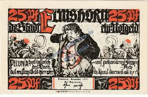 Elmshorn , Notgeld 25 Pfennig Schein in kfr. M-G 1333.1 , Schleswig Holstein 1921 Seriennotgeld