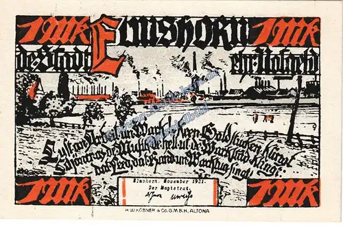 Elmshorn , Notgeld 1 Mark Schein in kfr. M-G 1333.1 , Schleswig Holstein 1921 Seriennotgeld