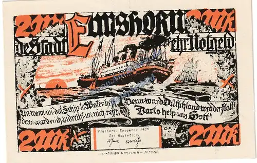 Elmshorn , Notgeld 2 Mark Schein in kfr. M-G 1333.1 , Schleswig Holstein 1921 Seriennotgeld