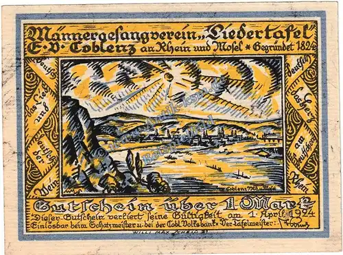 Coblenz Liedertafel , Notgeld 1 Mark in kfr. M-G 232.1 , Rheinland o.D. Seriennotgeld 5208