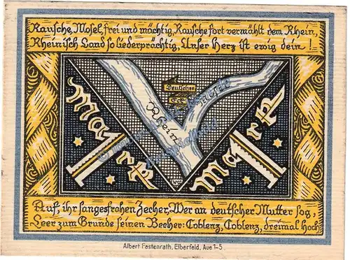 Coblenz Liedertafel , Notgeld 1 Mark in kfr. M-G 232.1 , Rheinland o.D. Seriennotgeld 5208