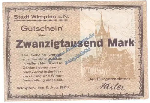 Wimpfen a.N. Banknote 20.000 Mark Schein in kfr. Keller 5642.a , Hessen 1923 Grossnotgeld - Inflation