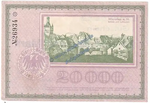 Wimpfen a.N. Banknote 20.000 Mark Schein in kfr. Keller 5642.a , Hessen 1923 Grossnotgeld - Inflation